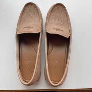 Women's COACH Leather Tan Loafers, Mary Lock Up Style, Gold Emblem, Size 8.5